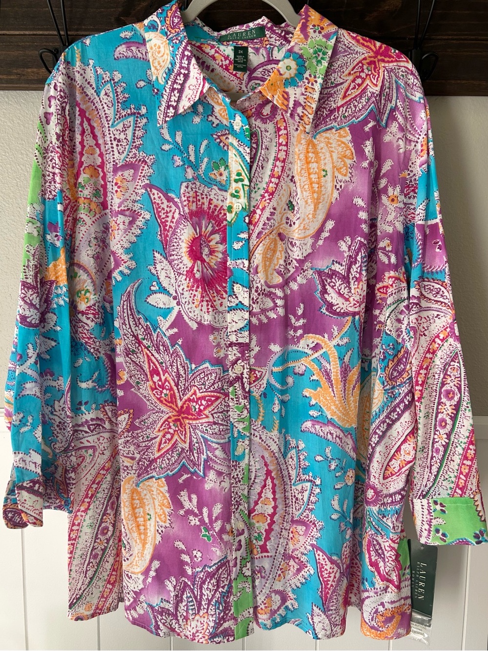 New 100% Cotton Lauren Ralph Lauren Turquoise Pink Paisley Floral Plus Size 3X